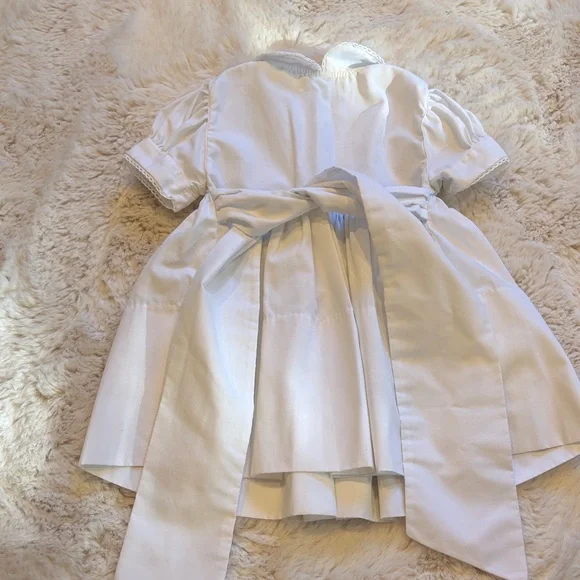 Vintage White Smocked Blue Embroidery Baby Dress with picot trim and sash - Picture 5 of 5